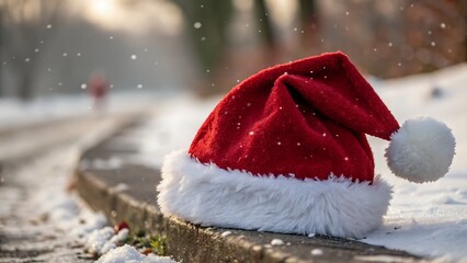 Christmas, Santa hat, snow, winter, holiday, festive, Christmas season, December, cold, white, red, hat, costume, wintertime, snowy, holidays, festive season, Christmas eve, snowfall, street, sidewalk