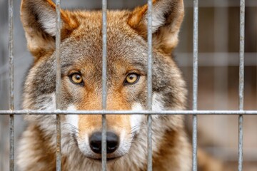 Fototapeta premium A close-up of a wolf with piercing amber eyes, gazing through the metal bars of its enclosure.