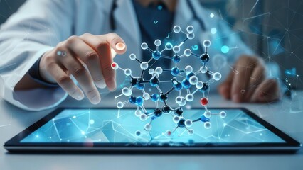 Doctor interacting with a 3D molecular model on a digital tablet, exploring scientific breakthroughs and medical innovation