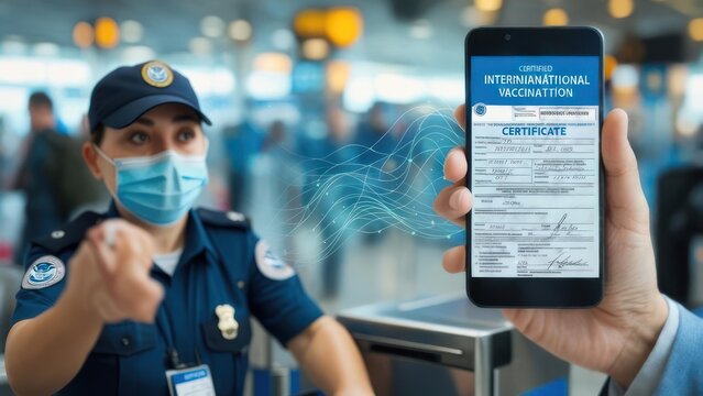 Border control agent verifying international vaccination certificate on smartphone at airport during travel season, showcasing modern technology