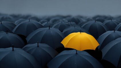Single Yellow Umbrella Amidst Many Black Umbrellas