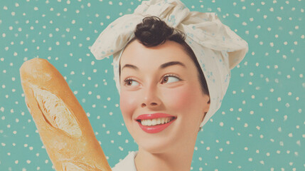 French woman with baguette and turquoise polka dot headscarf portrait