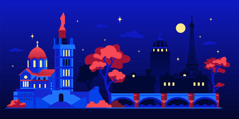 France at night - colorful flat design style illustration