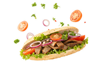Deliciously fresh sub sandwich bursting with savory meat, crisp lettuce, juicy tomatoes, and vibrant onion rings ready to eat