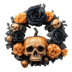 Halloween decoration with skull, pumpkin, and flowers for fall theme on a transparent background, cut out