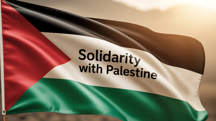 Palestinian flag waving with text 'Solidarity with Palestine' against a desert backdrop