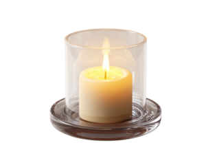 Front view minimalist candle holder with lit candle, isolated, transparent PNG