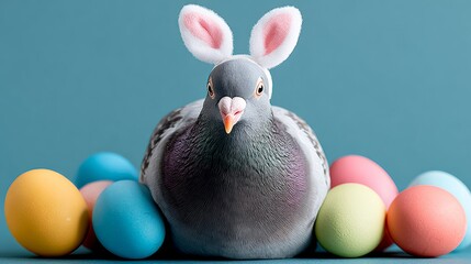Pigeon wearing bunny ears surrounded by colorful Easter eggs, creating a whimsical and playful atmosphere, perfect for spring celebrations and festive decorations, showcasing creativity and humor