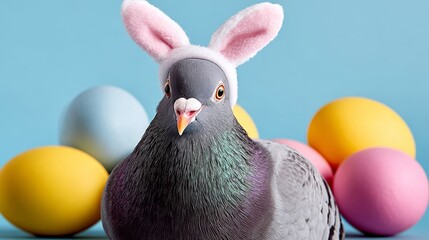 Pigeon wearing cute bunny ears, surrounded by colorful Easter eggs, creating a whimsical and playful atmosphere, perfect for festive celebrations and seasonal decorations with a touch of humor