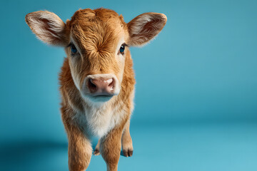 Cute little calf on a blue background