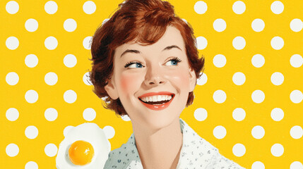Sunny yellow polka dots woman with breakfast egg vintage french