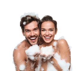 Joyful couple enjoying a playful bubble bath moment together on a transparent background, cut out