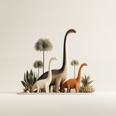 Dinosaur figurines collection with prehistoric plants on neutral background, family of sauropods and long neck species for education and play