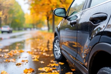 Fototapeta premium A dark car, covered in raindrops, is parked on a wet autumn street adorned with fallen orange leaves and puddles.