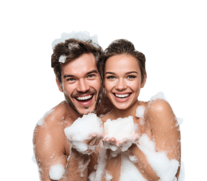 Joyful couple enjoying a playful bubble bath moment together on a transparent background, cut out