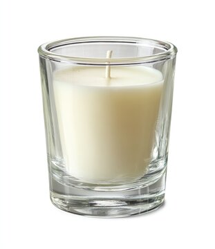 Small, clear glass candle holder with a single, off-white candle