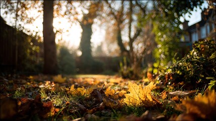 breeze. Vibrant autumn park scene with colorful foliage and falling leaves, illuminated by warm golden sunlight. representing seasonal cycles and harvest abundance.