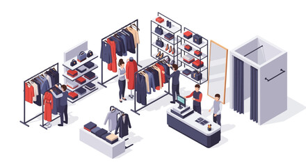 Isometric view of a clothing store interior with customers and staff.