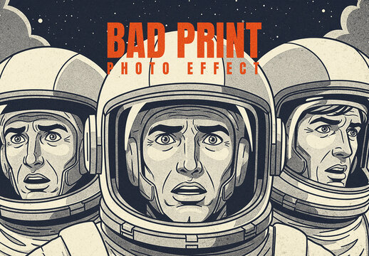 Bad Print Photo Effect with Retro Sci-Fi Astronauts