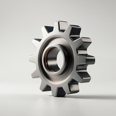Metal gear wheel with brushed steel finish isolated on white background, industrial machinery component for engineering and manufacturing