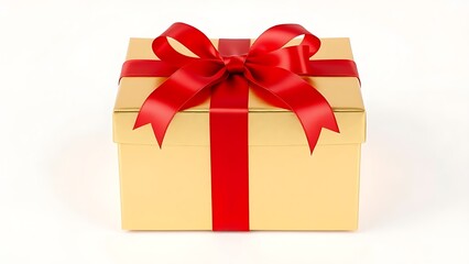Obraz premium A luxurious gold gift box with a red ribbon, elegantly presented on a clean white background.