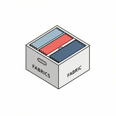 Fabric swatches in box neatly arranged in light blue, red, and dark blue pieces with zigzag edges, organized for textile selection, design, and creative projects
