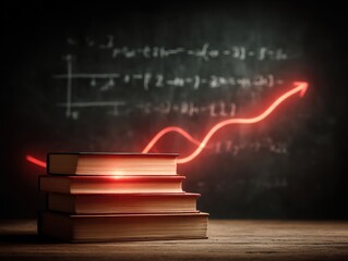 Stack of Books with Glowing Red Arrow and Math Equations on Blackboard, Knowledge Growth.