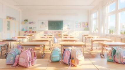 Charming and inviting classroom scene with colorful backpacks, desks, and natural light, perfect for educational projects