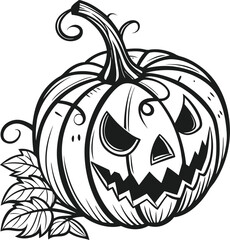 halloween pumpkin  Vector art of a black and white drawing of a halloween pumpkin with a scary face and leaves, , perfect for autumn holiday decorations