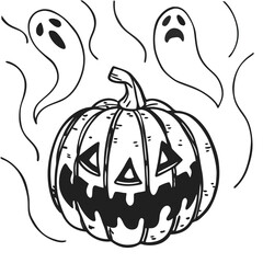 halloween pumpkin  Vector art of a halloween scene featuring a carved pumpkin with ghosts floating around, perfect for spooky season decorations and festive holiday themes