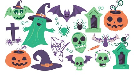 Obraz premium Cartoon-Style Halloween Elements Collection: Green Ghost, Witch Hat, Jack-o’-lanterns, Purple Bat, Cute Skull, Festive Flat Colors, White Background