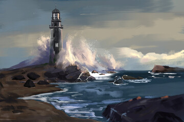 Digital illustration of a blue ocean with foamy waves in the foreground, a white lighthouse on a small rocky island and fluffy white clouds on the horizon
