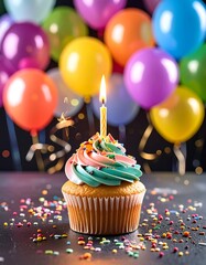 Birthday cupcake with colorful balloons (1)