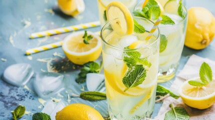 Fototapeta premium Summer Refreshments: Cold Citrus Drinks – Lemonade, Lime Cocktails & Fresh Juice Smoothies