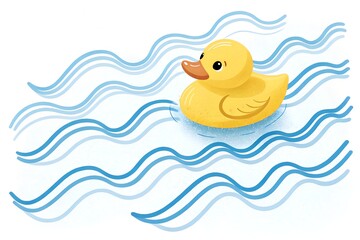 Playful Rubber Duck Scene – Cartoon Toy and Water Motion Concept, Abstract, Lifestyle, Creativity, Yellow Duck, Blue Waves