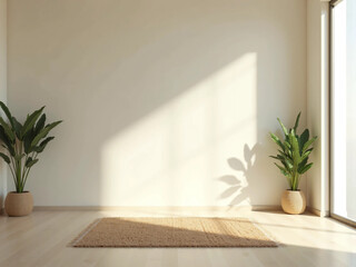 Minimalist empty room with single rug and potted plant in soft natural light symbolizing mindfulness, serenity, and tranquility