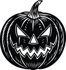 halloween pumpkin  Vector art of a spooky black and white halloween pumpkin jackolantern with a menacing face, , perfect for holiday decorations and festive designs with a vintage touch