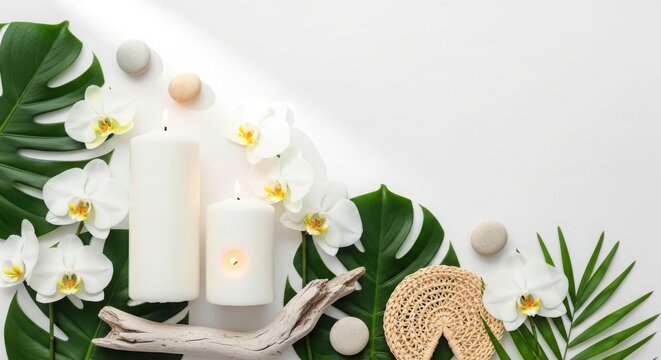 Spa setting with candles and orchids
