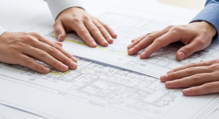 Two hands of diverse professionals collaborating on architectural blueprints, showcasing teamwork and partnership in a creative workspace environment.