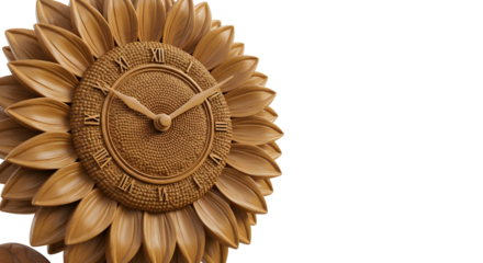 Close-up of a Decorative Wooden Sunflower Shaped Clock with Roman Numerals isolated PNG with Transparent Background