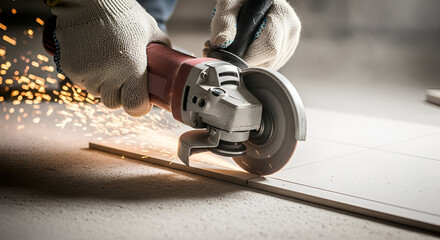 Worker using an angle grinder to cut metal, sparks flying, wearing protective gloves.