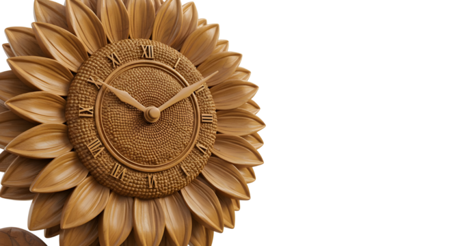 Decorative rustic wooden sunflower wall clock with Roman numerals showing the time. isolated PNG with Transparent Background