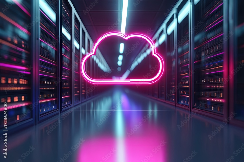 Poster glowing neon pink cloud icon above modern server racks in futuristic data center representing it clo