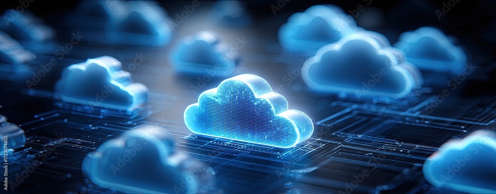 Poster futuristic glowing 3d cloud with digital particle texture on circuit board background symbolizing it