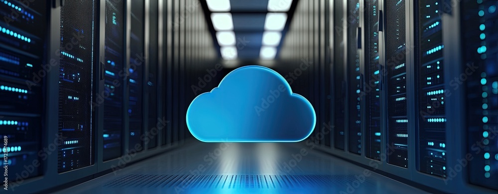 Poster glowing blue cloud icon in futuristic server room corridor representing it cloud computing, secure d