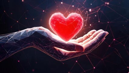 Digital hand cradling a glowing red heart, symbolizing love, connection, and care in a modern, futuristic design