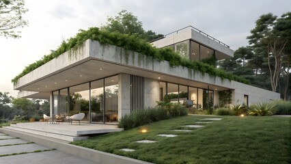 Naklejka premium Modern architectural building with lush greenery