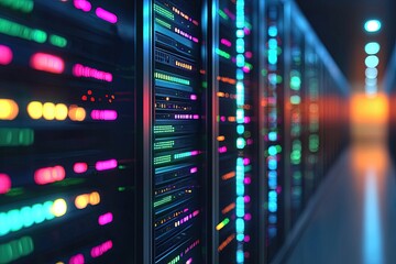 Naklejka premium Colorful glowing server racks in futuristic data center with neon reflections symbolizing IT cloud computing, network storage, and modern digital infrastructure for technology business use