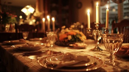 Thanksgiving dinner table, Thanksgiving dinner table with elegant plates glassware candlelight creating warm inviting festive meal atmosphere perfect