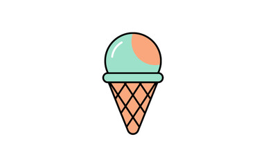 A simple cartoon illustration of an ice cream cone with two scoops, one mint green and one light orange, on a white background.
